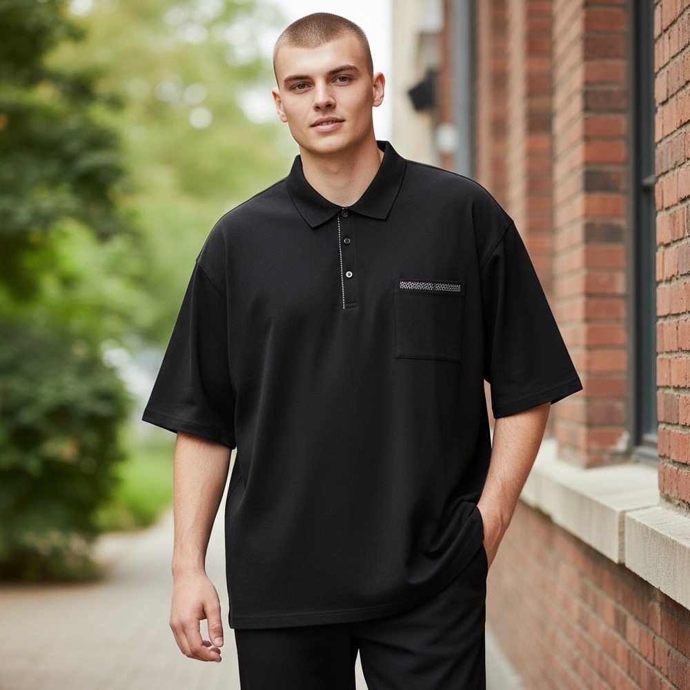 Johnny Bigg Nico Cotton Polo Black Short Sleeve Geometric Trim Mens USA 6XL NEW